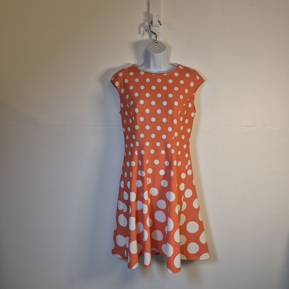 London Times Women's Fit & Flare Polka Dot Dress Size 6 Coral White